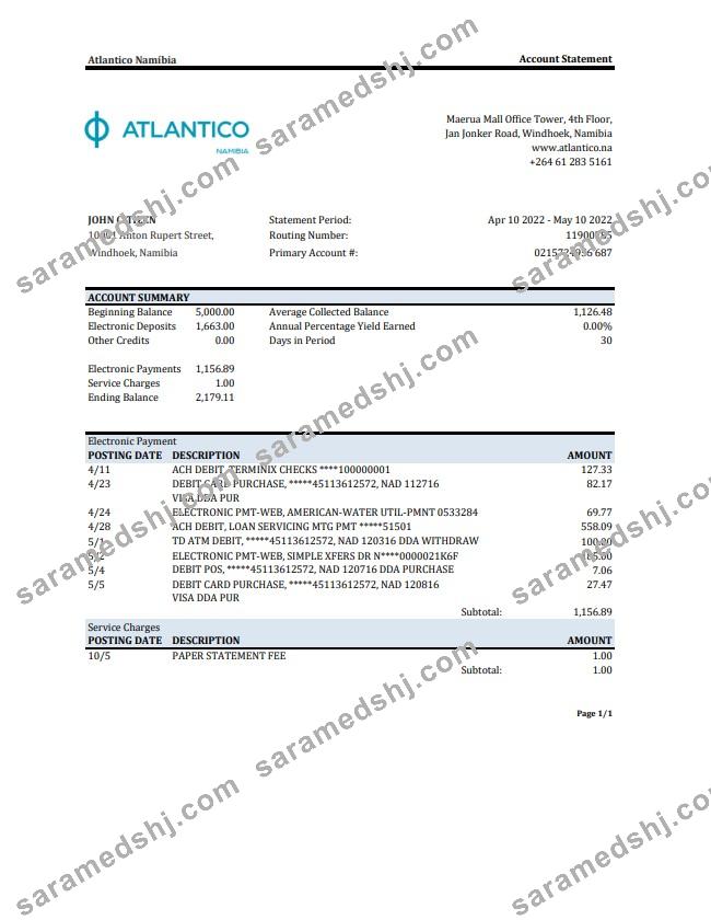Namibia Atlantico bank statement XLS